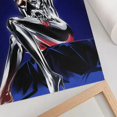 Plagát do obývačky futuristická postava s lesklými prvkami a intenzívnymi farbami