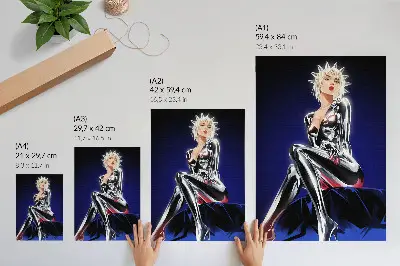 Plagát do obývačky futuristická postava s lesklými prvkami a intenzívnymi farbami
