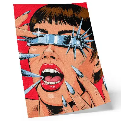 Plagát do obývačky s futuristickými prvkami, intenzívnymi farbami a dynamikou