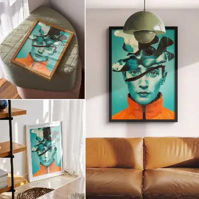 Plagát do obývačky v štýle surrealizmu s kontrastnými farbami a dynamickými formami