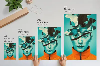 Plagát do obývačky v štýle surrealizmu s kontrastnými farbami a dynamickými formami