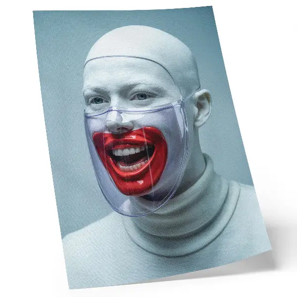 Plagát moderná tvár v maske s glazovaným červeným povrchom