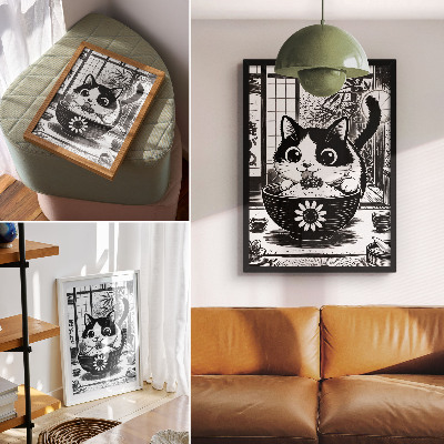 Poster na stenu Mačka v miske ryže, komiksový štýl, východný štýl