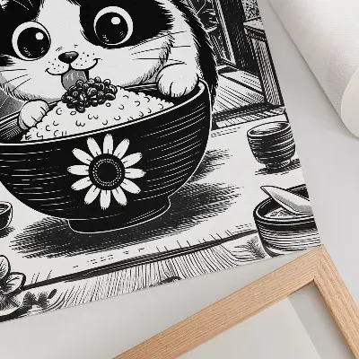 Poster na stenu mačka v miske ryže v komiksovom a východnom štýle