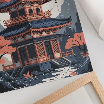 Plagát do obývačky japonský chrám v pastelových farbách so stromami a horami
