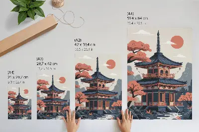 Plagát do obývačky japonský chrám v pastelových farbách so stromami a horami