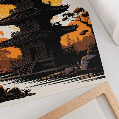 Plagát orientálna budova so slnkom, stromami a vodou