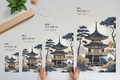 Plagát do obývačky pagoda so stromom a horou v duchu mieru a harmónie