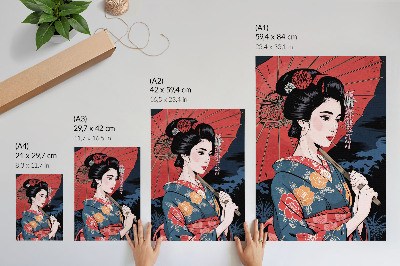 Plagát Japonský štýl ženy dáždnik farebná noc