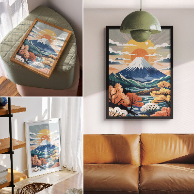 Poster na stenu Zasnežené hory, farebný les, západ slnka