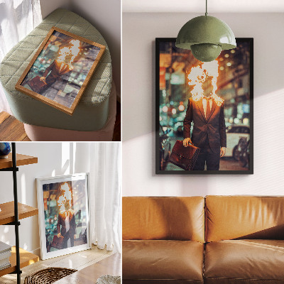 Poster na stenu Elegantný muž s horiacou hlavou v meste