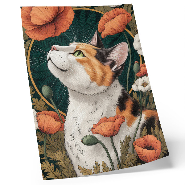 Plagát do obývačky Mačka medzi makmi, štýl ilustrácie, príroda