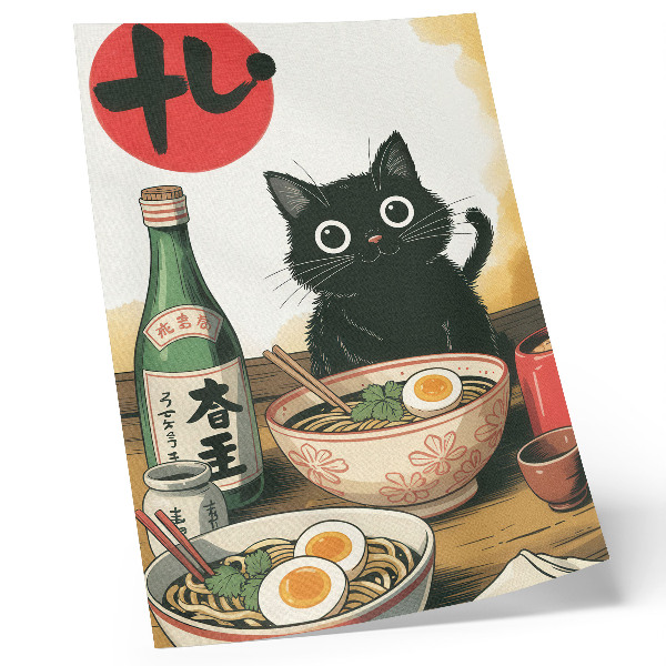 Poster na stenu Čierna mačka ramen fľaša saké japonský motív