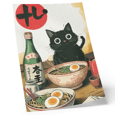 Poster na stenu Čierna mačka ramen fľaša saké japonský motív