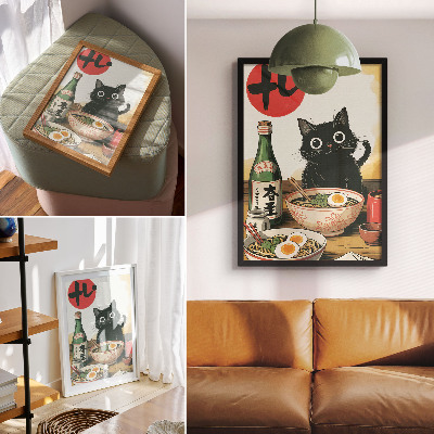 Poster na stenu Čierna mačka ramen fľaša saké japonský motív