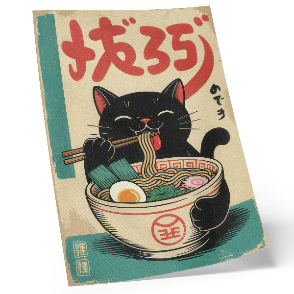 Plagát do obývačky Miska s čiernym mačacím ramenom, japonské retro inšpirácie