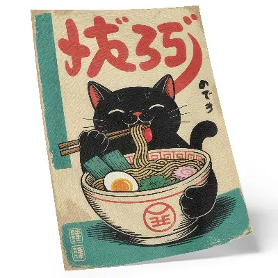 Miska na ramen s motívom čiernej mačky v japonskom retro štýle