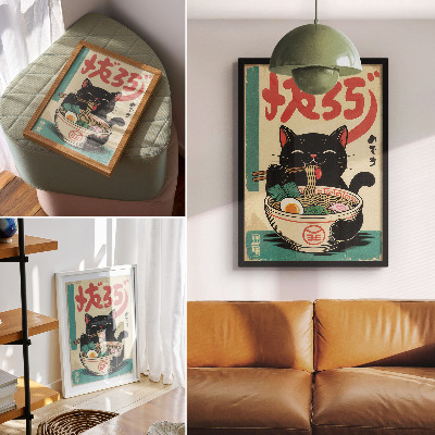 Plagát do obývačky Miska s čiernym mačacím ramenom, japonské retro inšpirácie
