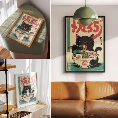 Miska na ramen s motívom čiernej mačky v japonskom retro štýle
