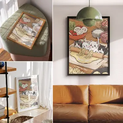 Plagát Mačiatka v kuchyni ilustrácia v teplej farebnej palete