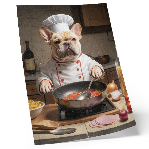 Poster na stenu Bulldog v kuchyni v zábavnom surrealistickom štýle