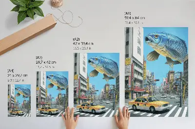 Plagát do obývačky mestský surrealizmus s rybami v modernom štýle ulice