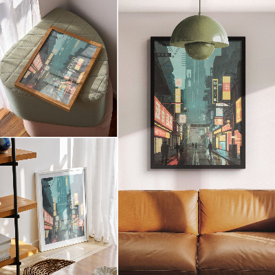 Poster na stenu Mestská nočná scéna s retro-futuristickým štýlom a neónovými svetlami