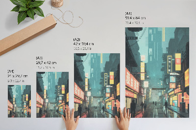 Poster na stenu Mestská nočná scéna s retro-futuristickým štýlom a neónovými svetlami