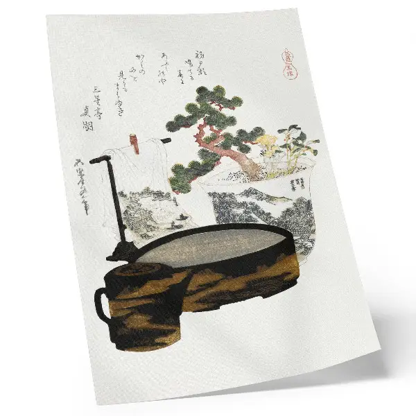 Plagát do obývačky vintage japonská drevotlač Čajový stolík od Kacušiku Hokusaiho z roku 1822