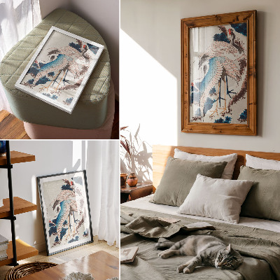 Poster na stenu Žeriavy na zasneženom strome od Katsushiki Hokusai (1834), vintage drevorytina