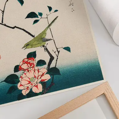 Plagát ukiyo-e ilustrácia Camellia a Nightingale od autora Utagawa Hiroshige
