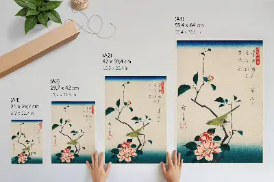 Plagát ukiyo-e ilustrácia Camellia a Nightingale od autora Utagawa Hiroshige