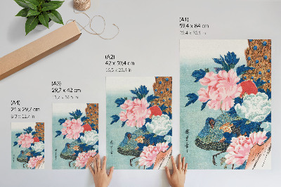 Poster na stenu Páv a pivonky, vintage japonská drevotlač od Utagawu Hirošigeho