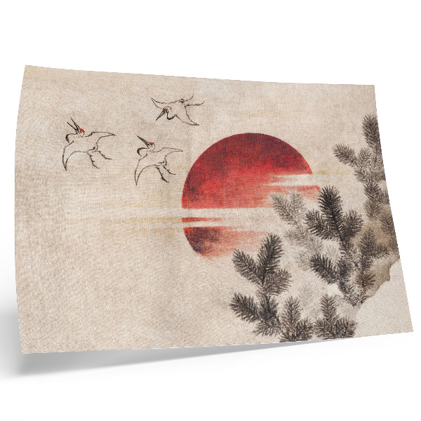 Poster Vtáky a západ slnka od Kacušiku Hokusaiho z Albumu náčrtov (1814), stará japonská drevotlač