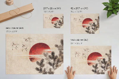 Poster Vtáky a západ slnka od Kacušiku Hokusaiho z Albumu náčrtov (1814), stará japonská drevotlač