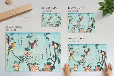 Retro plagát Japonské vtáky a kvety z roku 1833 ako historická drevorezba od Utagawu Hirošigeho