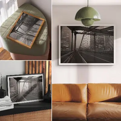 Retro plagát mestský most s majestátnymi budovami v štýle strohej elegancie