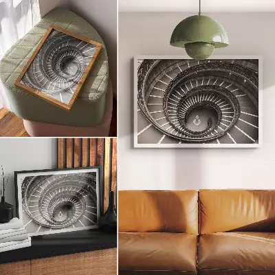 Retro plagát architektúra točitého schodiska s nádychom elegancie