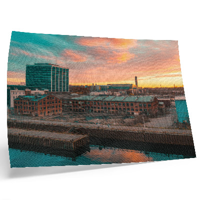 Poster Priemyselné budovy pri západe slnka, pokojná atmosféra