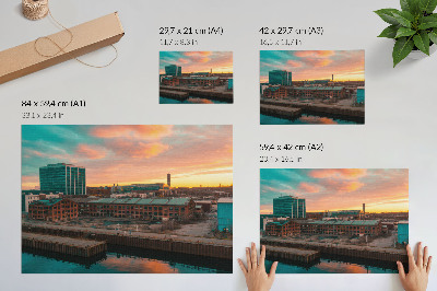 Poster Priemyselné budovy pri západe slnka, pokojná atmosféra