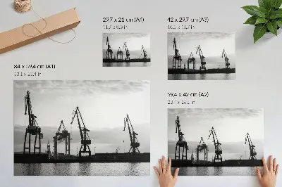 Plagát minimalistický dizajn prístavných žeriavov v čiernobielom prevedení