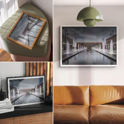 Retro plagát fontány a architektúra s moderným osvetlením