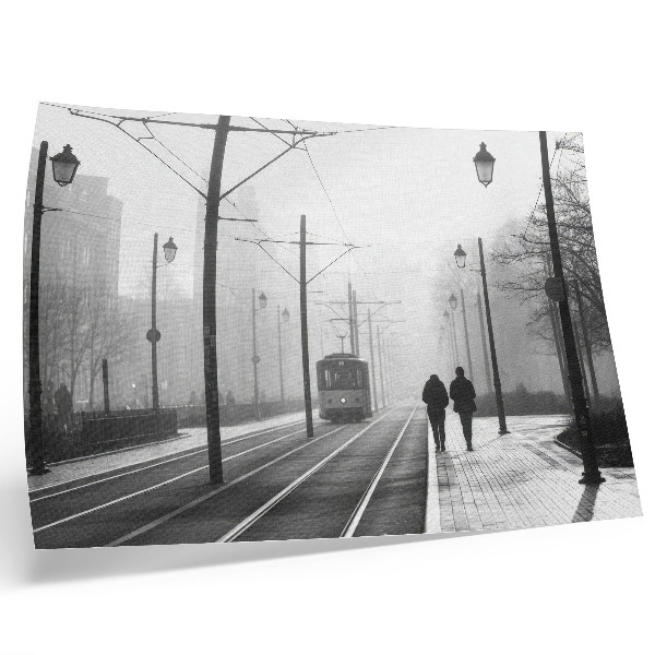 Poster Električka hmla pouličné osvetlenie mestská atmosféra