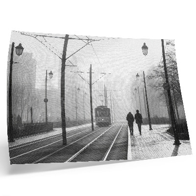 Poster Električka hmla pouličné osvetlenie mestská atmosféra
