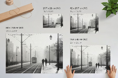 Poster Električka hmla pouličné osvetlenie mestská atmosféra