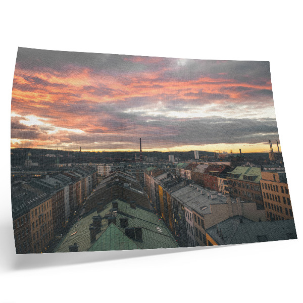 Retro plagát Západ slnka nad farbami panorámy mesta