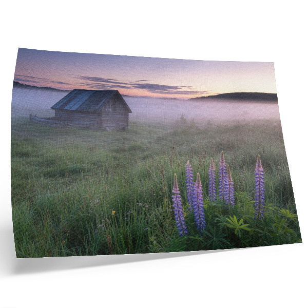 Poster Drevená chata malebná hmla kvety príroda