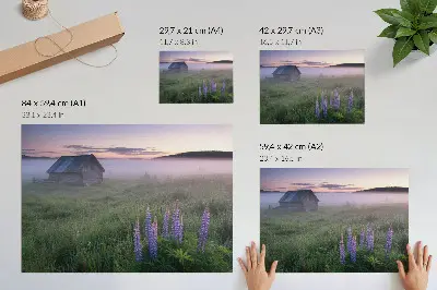 Plagát malebná drevená chata v hmle s kvetmi v prírode