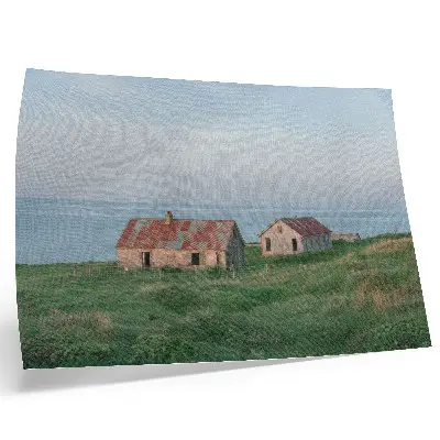 Plagát do izby rustikálne budovy so zelenými lúkami a morom