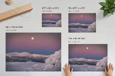 Plagát do izby Zasnežené hory pastelovo ružový mesiac